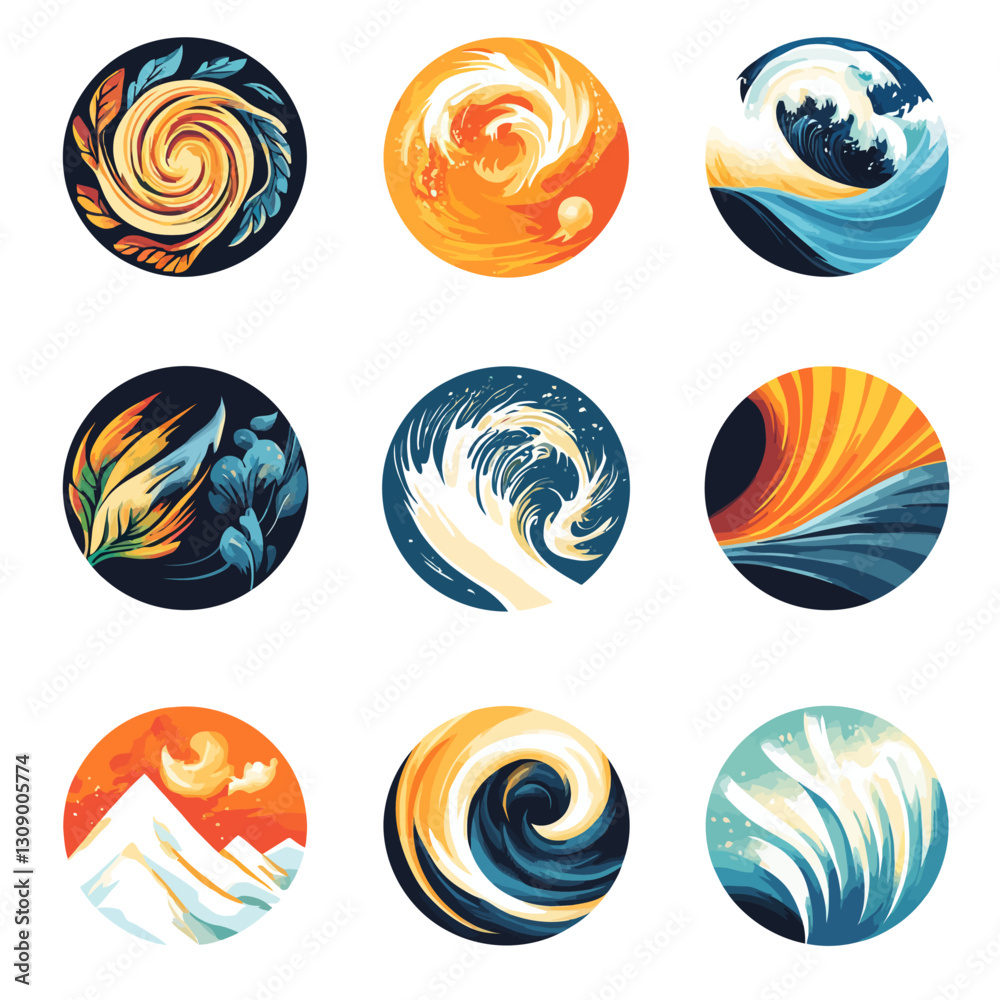 Abstract Circle Designs, Swirls, Waves, Mountain Landscape, Colorful, Vector Art Abstract Circle Designs, Swirls, Waves, Mountain Landscape, Colorful, Vector Art