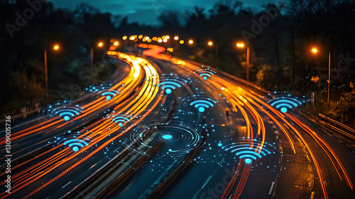 Dynamic traffic flow illuminated by streetlights and enhanced by digital signals during twilight hours. Generative AI