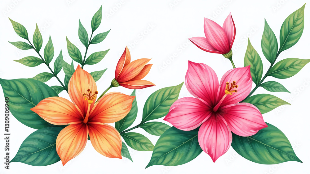 Fototapeta premium vibrant tropical flowers foliage set serene azalea white soft watercolor illustration