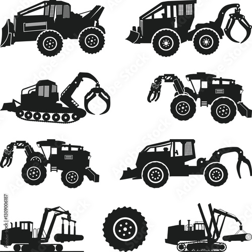 Log Skidder SVG, Logging SIlhouette, Construction Vehicle, Skid Steer Loader Machine Silhouette, Forestry Equipment Silhouettes