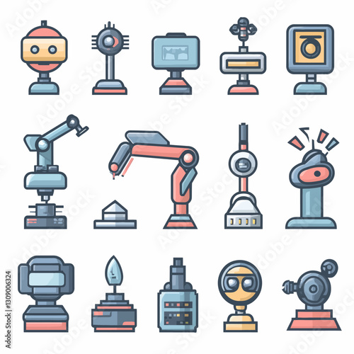 Vector illustrations of futuristic robots and robotic arms on white backdrop.