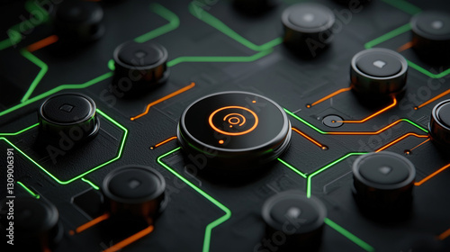 Complex electronic circuit board with buttons illuminated in green and orange hues, highlighting technology and design. Generative AI