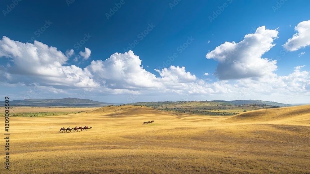 Fototapeta premium A dramatic landscape of the Chyulu Hills and the Chyulu Desert, Kenya, where towering golden sand dunes