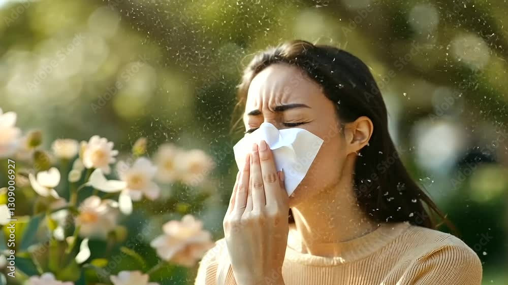 Woman sneezing into a tissue in a colorful flower garden