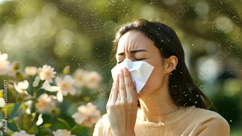 Woman sneezing into a tissue in a colorful flower garden
