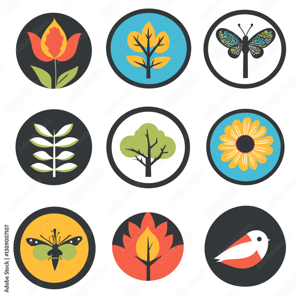 Set of vector graphic botanical elements, icons, floral and insect design.