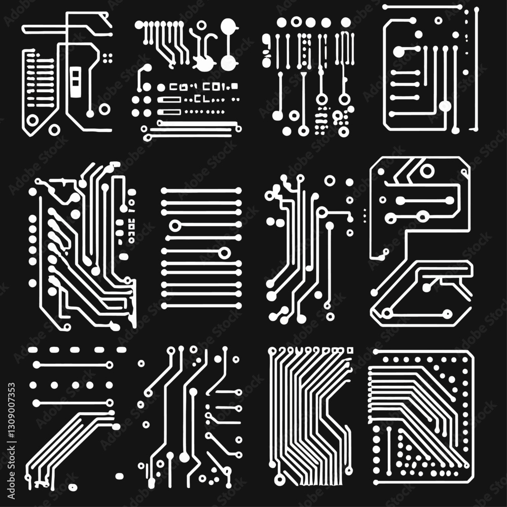 Circuit board designs in white on black background, technology concept Circuit board designs in white on black background, technology concept