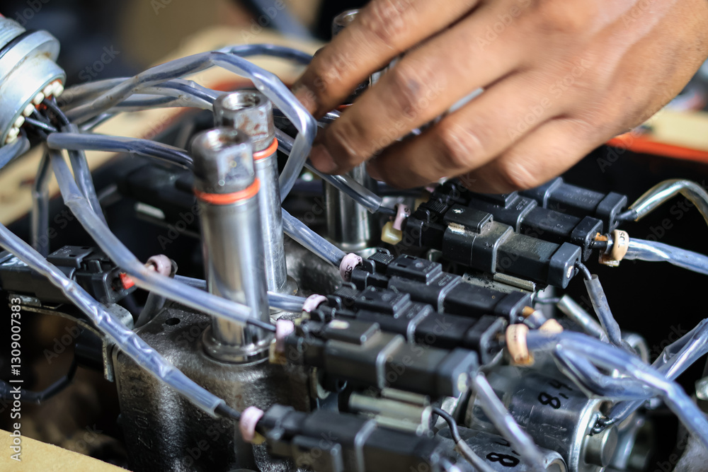 Obraz premium Installing Control Valve Automatic Transmission in workshop services, assembly automatic transmission at Transindo Balikpapan