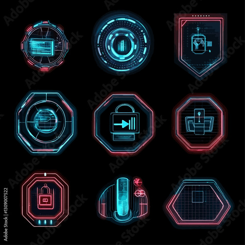 Futuristic HUD elements, digital interface, sci-fi UI design, glowing graphics