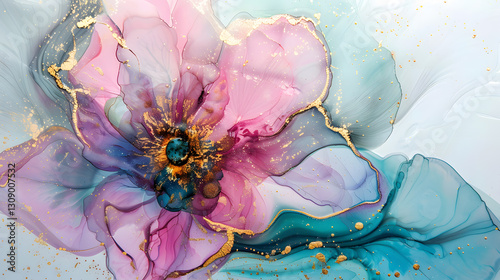 Alcohol ink painting with thin gold or silver leafing, featuring pink and blue tones in an elegant fluid abstract artwork.