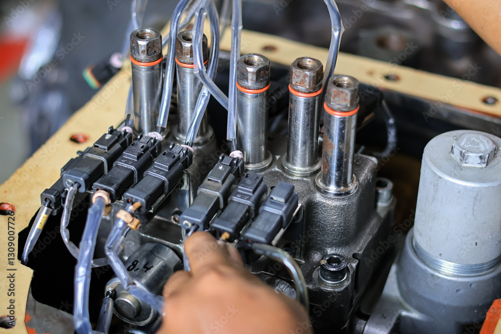 Fototapeta premium Installing Control Valve Automatic Transmission in workshop services, assembly automatic transmission at Transindo Balikpapan