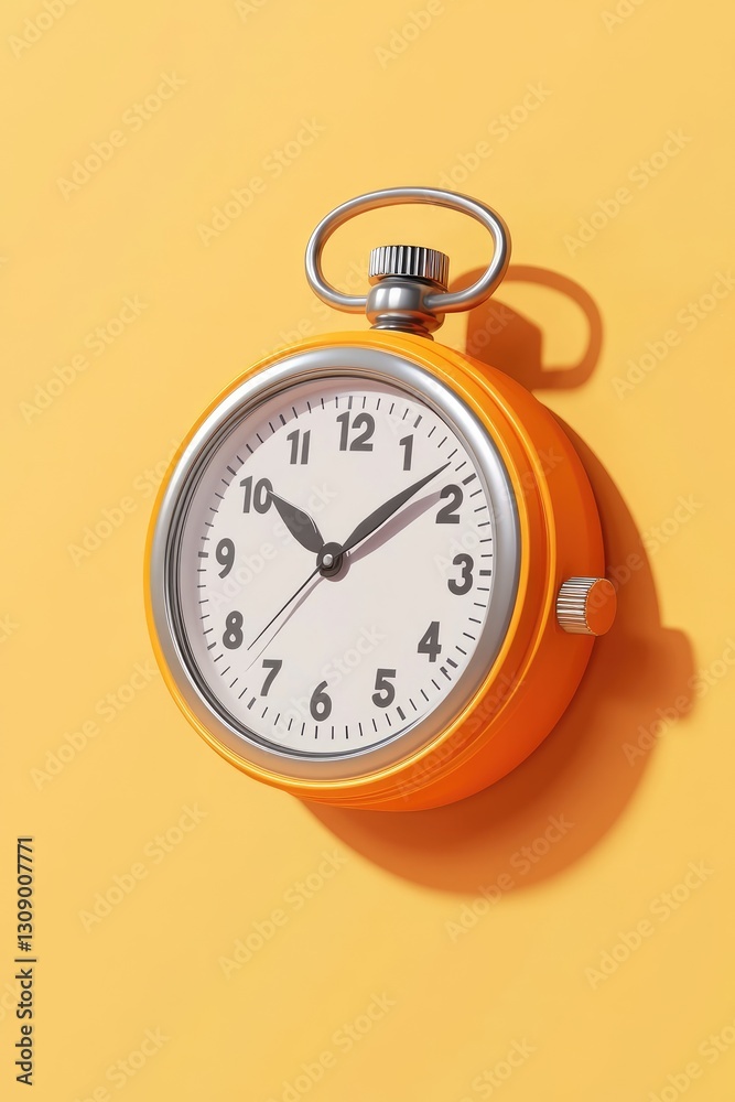 A bright orange analog wall clock mounted on a yellow wall A bright orange analog wall clock mounted on a yellow wall