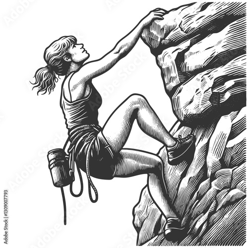 woman rock climbing, showcasing strength, adventure, and outdoor exploration sketch engraving generative ai fictional character vector illustration. Scratch board imitation. Black and white image.