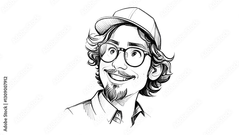 Isolated sketch of a cheerful young man with curly hair and glasses on transparent background Isolated sketch of a cheerful young man with curly hair and glasses on transparent background