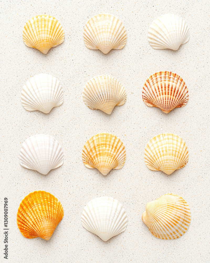 Delicate seashells arranged in grid on smooth surface Delicate seashells arranged in grid on smooth surface