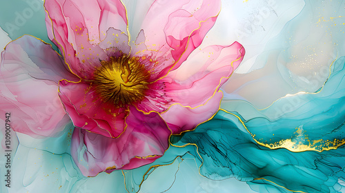 Alcohol ink painting with thin gold or silver leafing, featuring pink and blue tones in an elegant fluid abstract artwork.