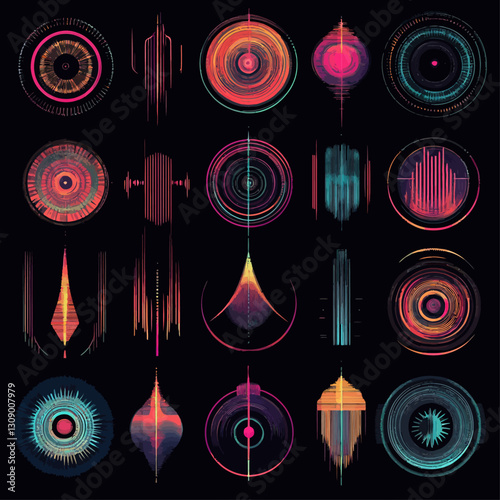 Abstract geometric digital art with vibrant colors on black backdrop.