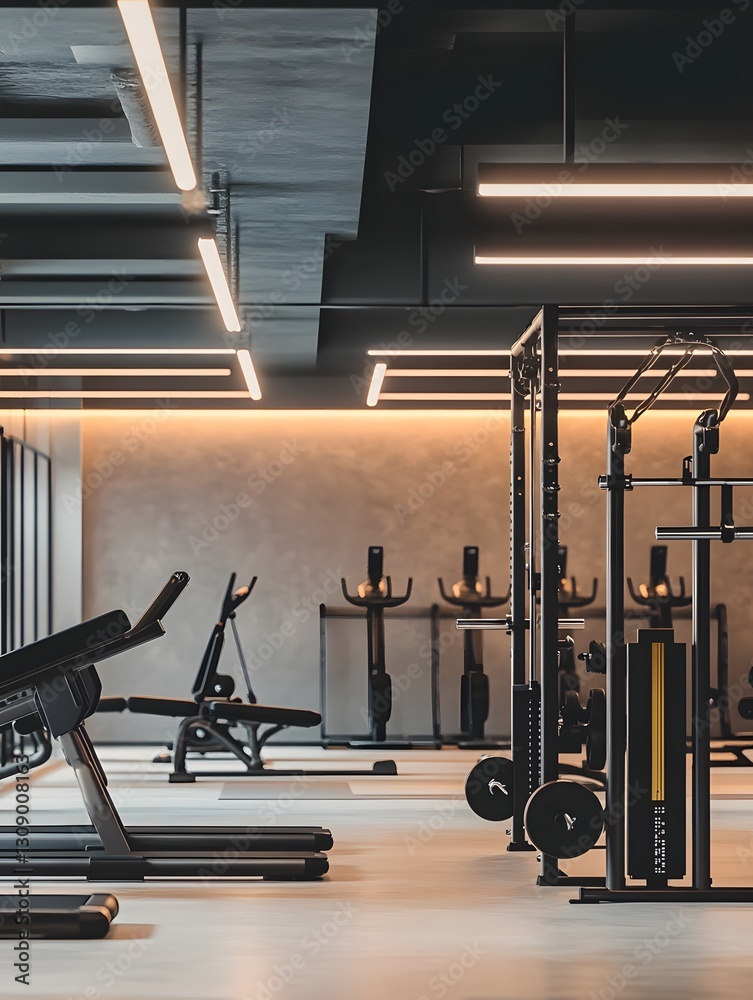 Obraz premium Modern Gym Interior with Professional Fitness Equipment and Large Windows Providing Natural Light and Elegant Design, Featuring High-End Training Machines, Treadmills, and Strength Training Areas 