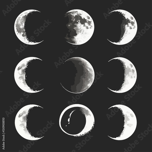 Phases of the Moon in Stages: Astronomical Night Sky Imagery