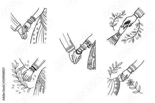 set of wedding symbol hand of groom and bride marriage function clip art black and white