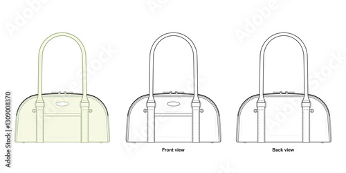 Classic Dome Shoulder Bag Technical Fashion Illustration. Curved-Top Handbag Vector Template. Dual Top Handles. Zip Closure. Minimalist and Timeless Design. Women’s Accessories. CAD Mockup set. 