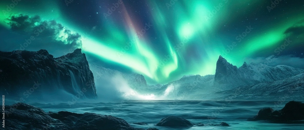 Naklejka premium A mesmerizing night scene of the Northern Lights dancing across the Arctic sky above the snow-covered peaks