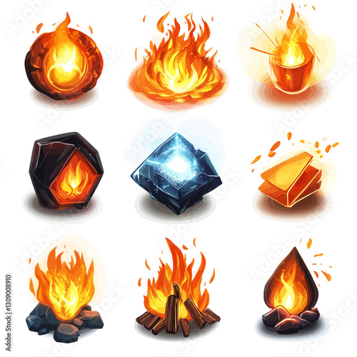 Fire Element Icon Set: Energy, Flame, Bonfire, Magic Symbol Illustration