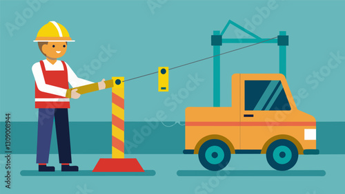 Using a specialized tool the safety officer measures the distance between a live electrical wire and a construction vehicle to ensure safe clearance.. Vector illustration