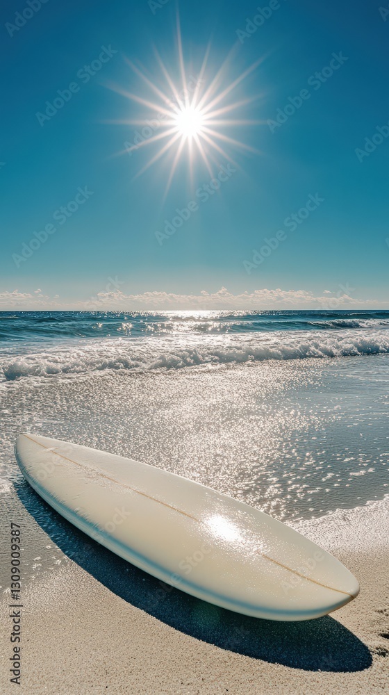 Surfboard on Sandy Beach Under Bright Sunshine Surfboard on Sandy Beach Under Bright Sunshine