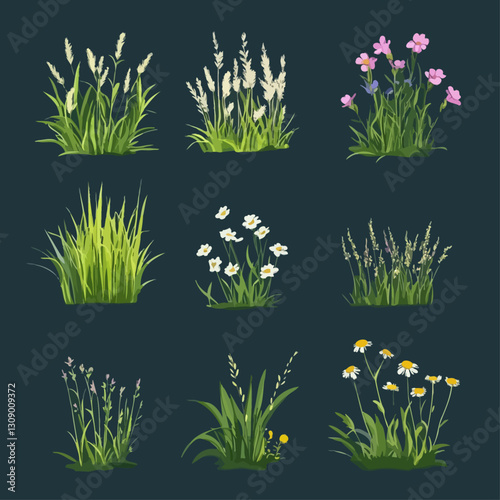 Illustrated floral and grassy plants against dark green background.