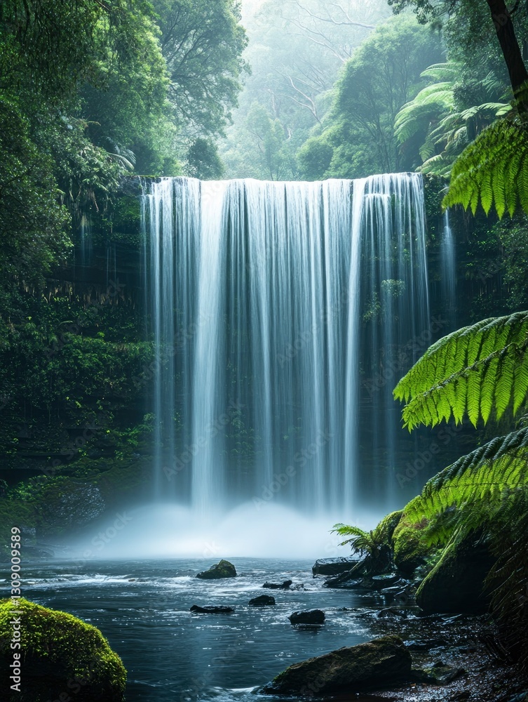 Fototapeta premium A powerful shot of Russell Falls cascading down multiple tiers, surrounded by dense, ancient rainforest