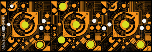 Abstract Geometric Digital Art With Circles and Lines in Yellow and Black for background, posters, festivals, music, parties, and trendy banners.
