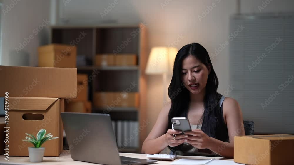 Online seller managing orders on mobile phone, checking ecommerce shipping delivery status, social media marketing, startup small business owner working at night Online seller managing orders on mobile phone, checking ecommerce shipping delivery status, social media marketing, startup small business owner working at night