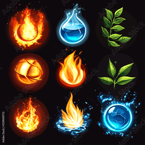 Elemental Illustrations: Fire, Water, Earth, Air, Nature, and Energy Concepts