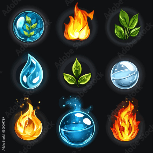 Magical Element Icons: Fire, Water, Earth, Air, Fantasy Design Elements