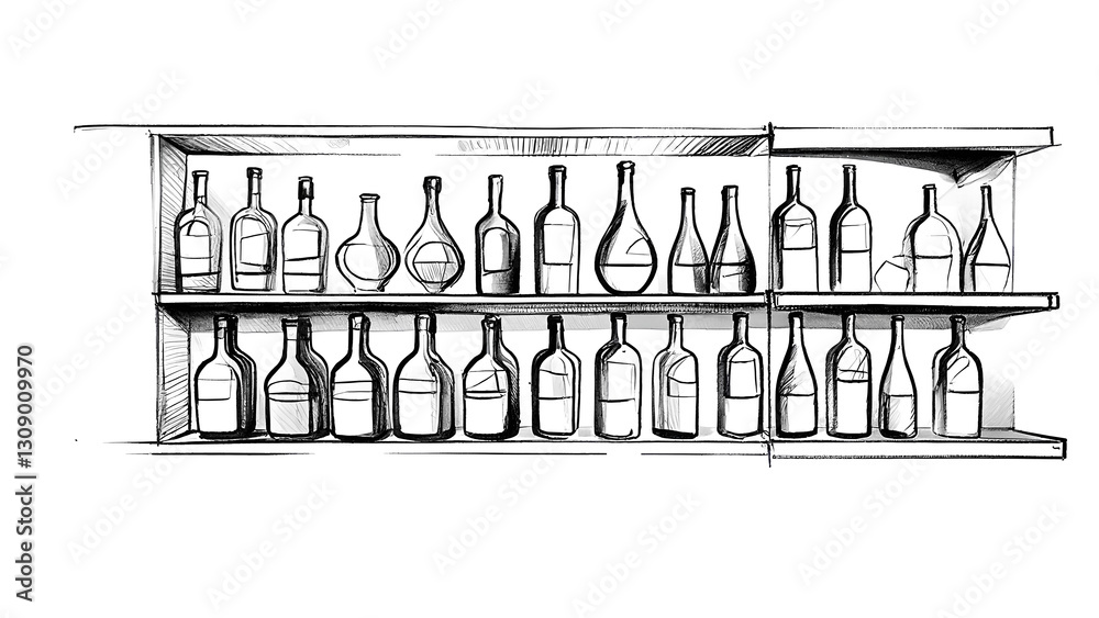 Bottles arranged on shelves isolated on transparent background with various shapes and sizes capturing different designs