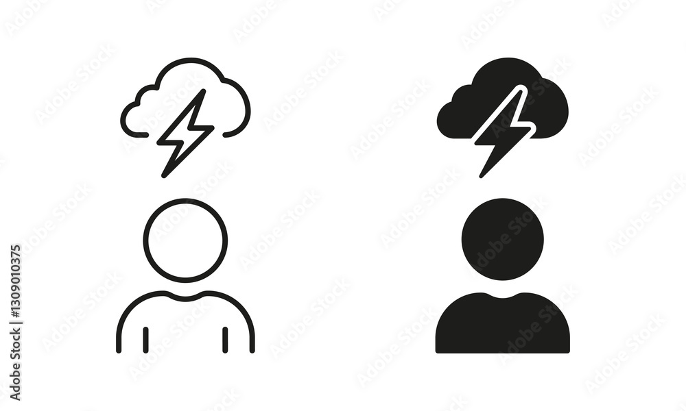 Thunder Storm with Cloud and Lightning. Creativity Think, Strategy Solution Symbol. Man Brainstorming Line and Silhouette Icon Set. Editable Stroke. Isolated Vector Illustration Thunder Storm with Cloud and Lightning. Creativity Think, Strategy Solution Symbol. Man Brainstorming Line and Silhouette Icon Set. Editable Stroke. Isolated Vector Illustration