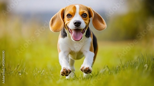 Playful Beagle Running in Grassy Field photo
