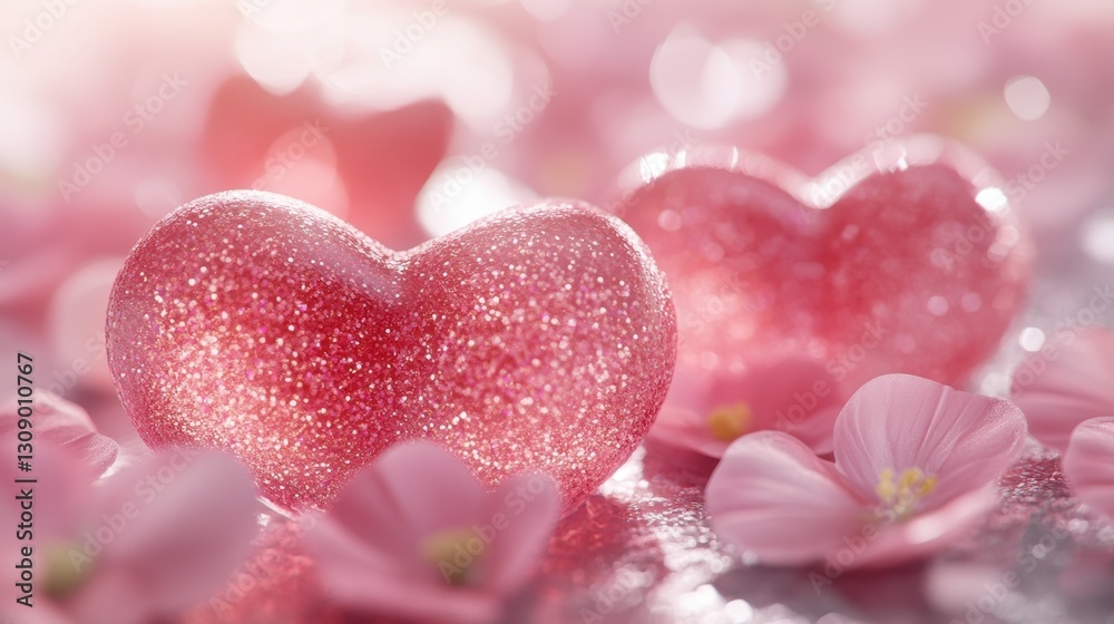 Fototapeta premium Romantic Glimmer: Shimmering Heart-Shaped Gems Surrounding Delicate Pink Petals in Soft Light
