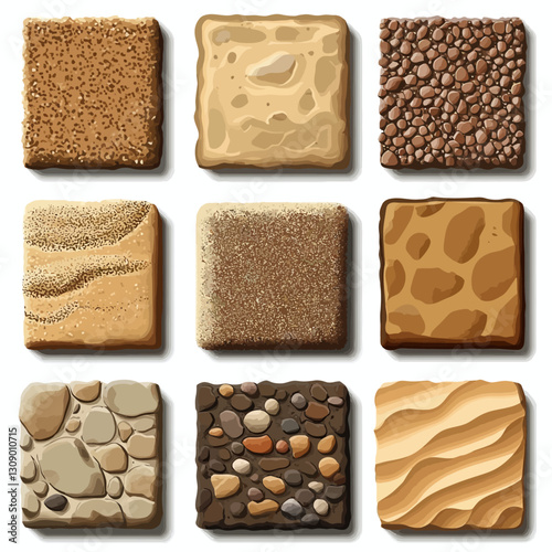 Nine Square Texture Tiles: Sand, Pebbles, Rocks, and Soil Illustrations