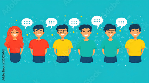 Various characters expressing emotions and thoughts through colorful visuals in a cheerful atmosphere with speech bubbles. Generative AI