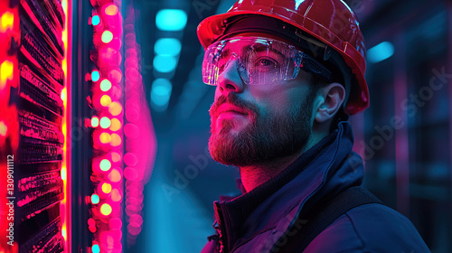 Skilled technician monitors advanced data server in a modern facility during evening hours. Generative AI