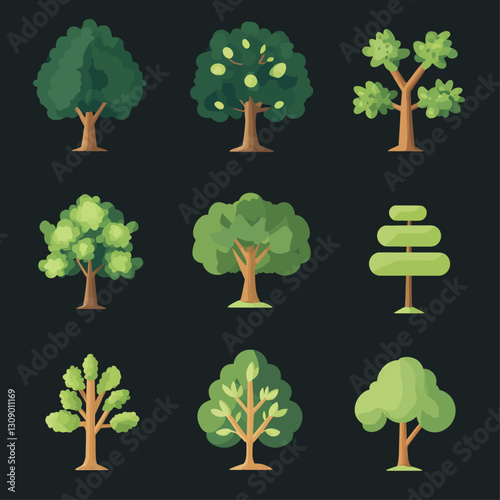 Collection of Nine Different Stylized Green Trees on a Black Background