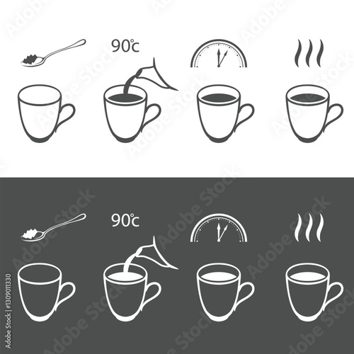 Tea brewing instruction line icons isolated on white background. Tea brew  vector icons