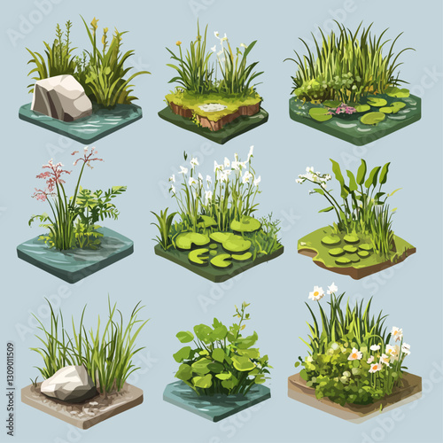 Isometric pond scenes of plants, lilies, rocks and green grass elements
