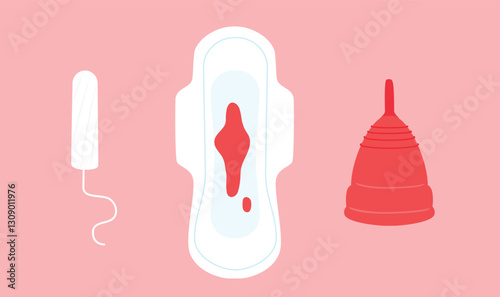 Tampon, pad and menstrual cup. Feminine hygiene