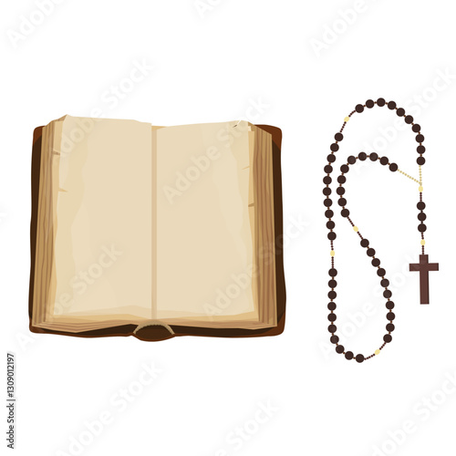 Brown old opened empty book and rosary beads with cross