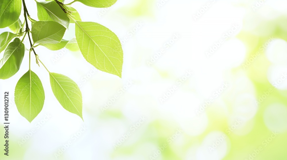Bright Green Leaves on Branch Against Soft Light Blurred Background Bright Green Leaves on Branch Against Soft Light Blurred Background
