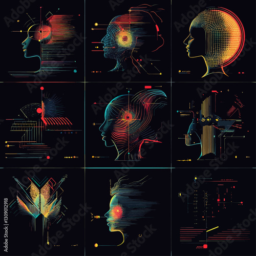Abstract human profile with data flow and neural network concept.