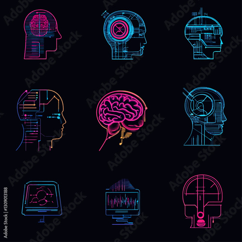 Abstract Digital Brains and Interface Designs on Dark Background